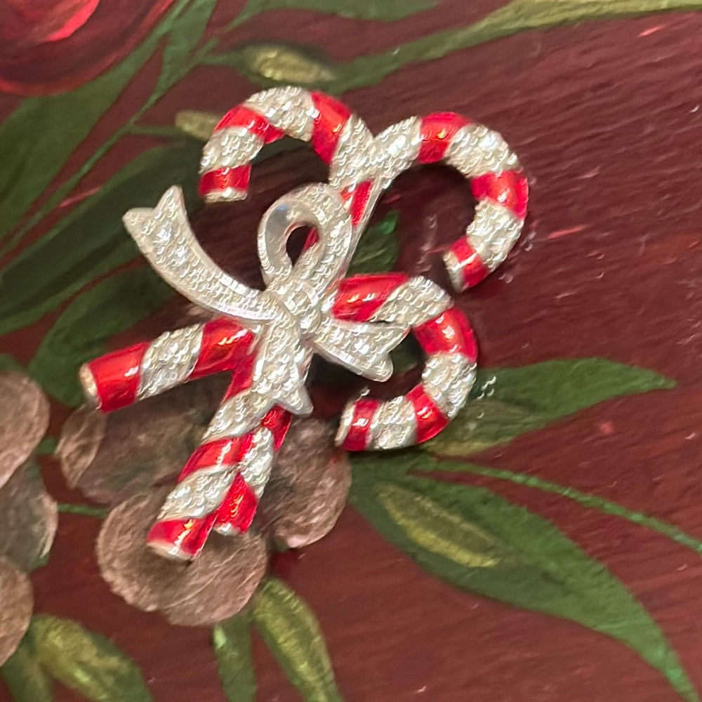 Vintage Candy Cane brooch/pin signed BJ - Red Enamel & Rhinestone Silver metal